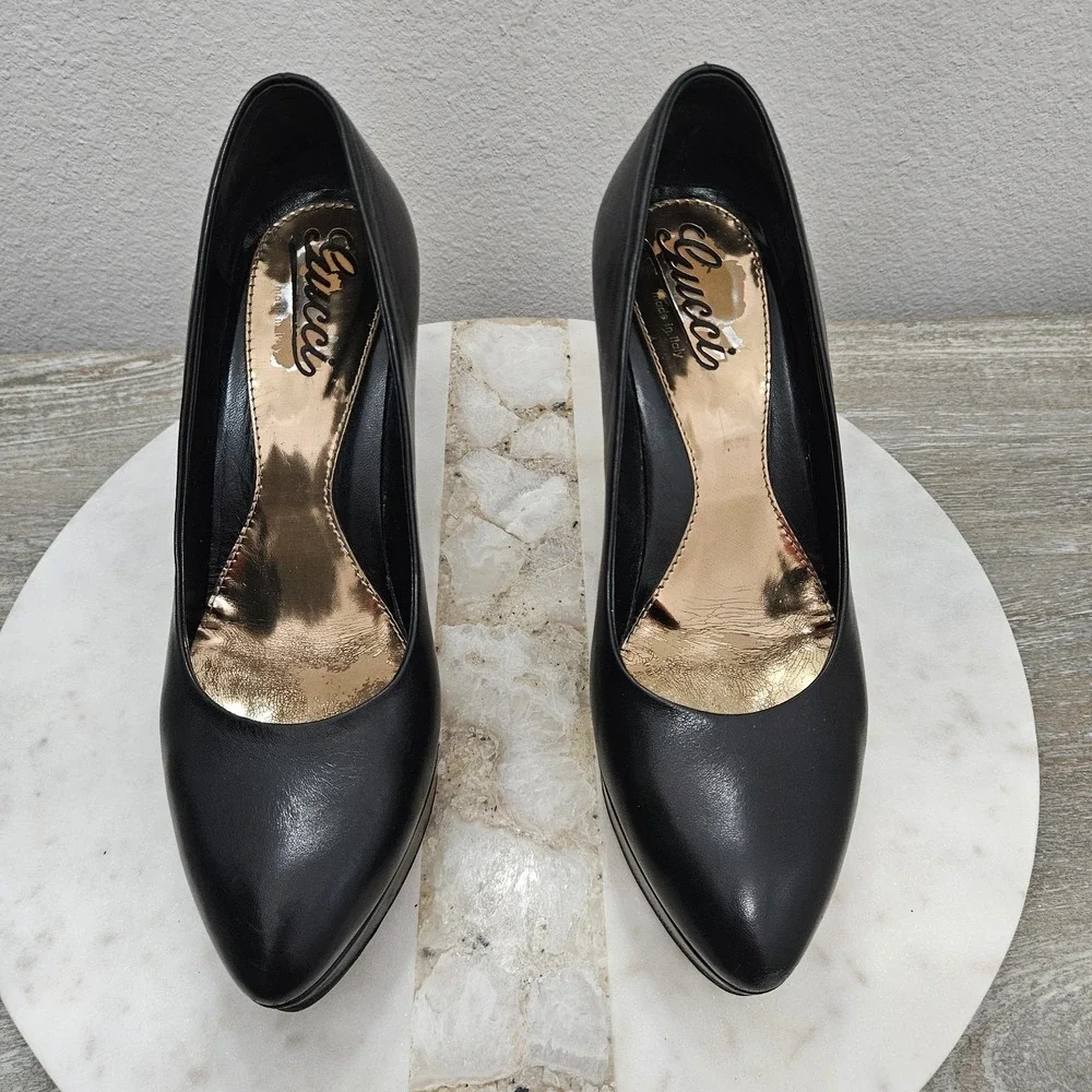 Gucci Black Leather Platform Pumps Heels Sz 37 US 7